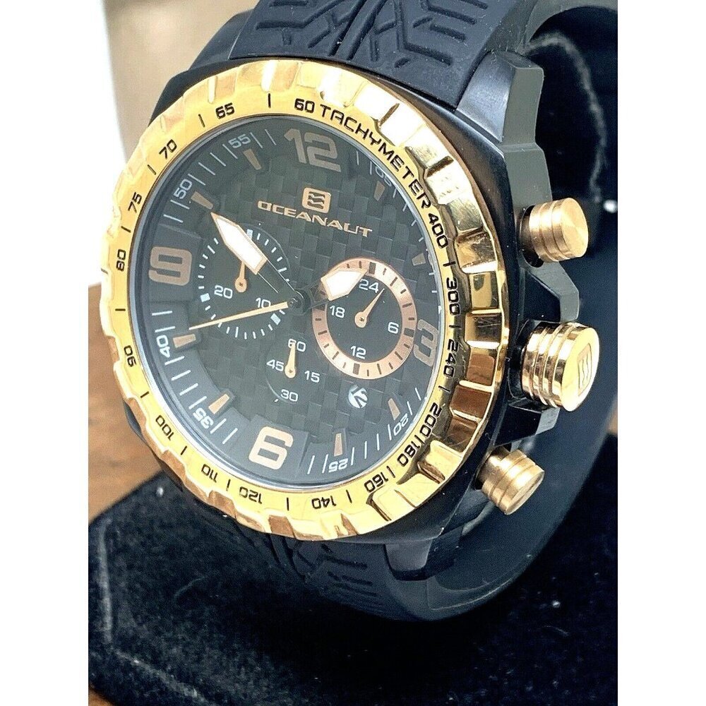 Oceanaut Men's Watch OC1121 Quartz Chronograph Gold Black Dial Rubber Band 47mm